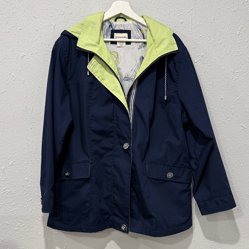 St. John’s Bay Women's Navy/Green Full Zip Hooded Raincoat